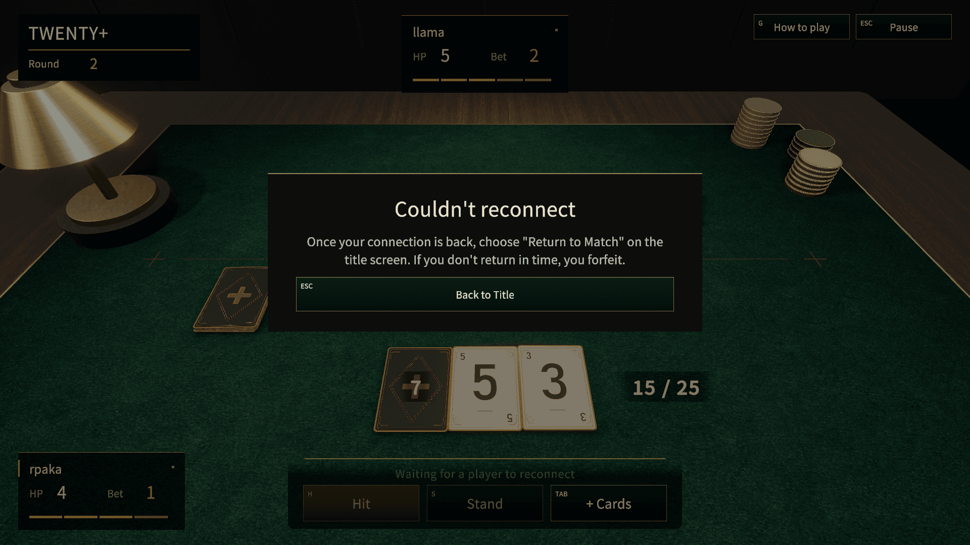 The Couldn’t reconnect message, explaining that you can return with Return to Match on the title screen and that you forfeit if you don’t return in time, with a Back to Title button.