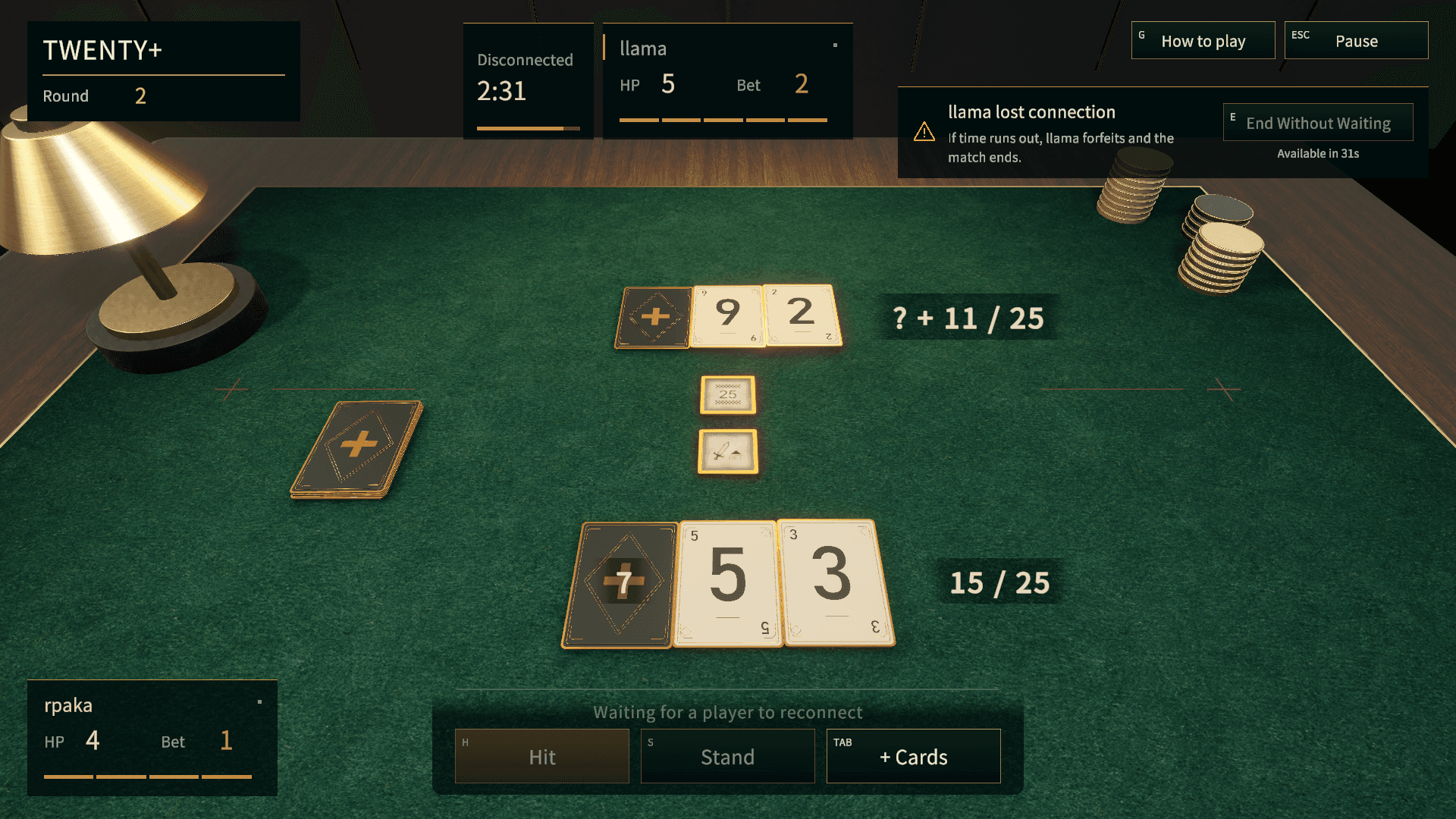A match where the opponent lost connection. Beside their seat it says Disconnected with the time left; at the top right, “llama lost connection” and the End Without Waiting button, not yet available, with the seconds until it is. Hit and Stand can’t be pressed.