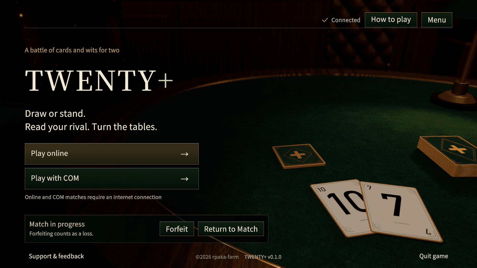 The Match in progress banner at the bottom of the title screen, with Forfeit and Return to Match buttons.